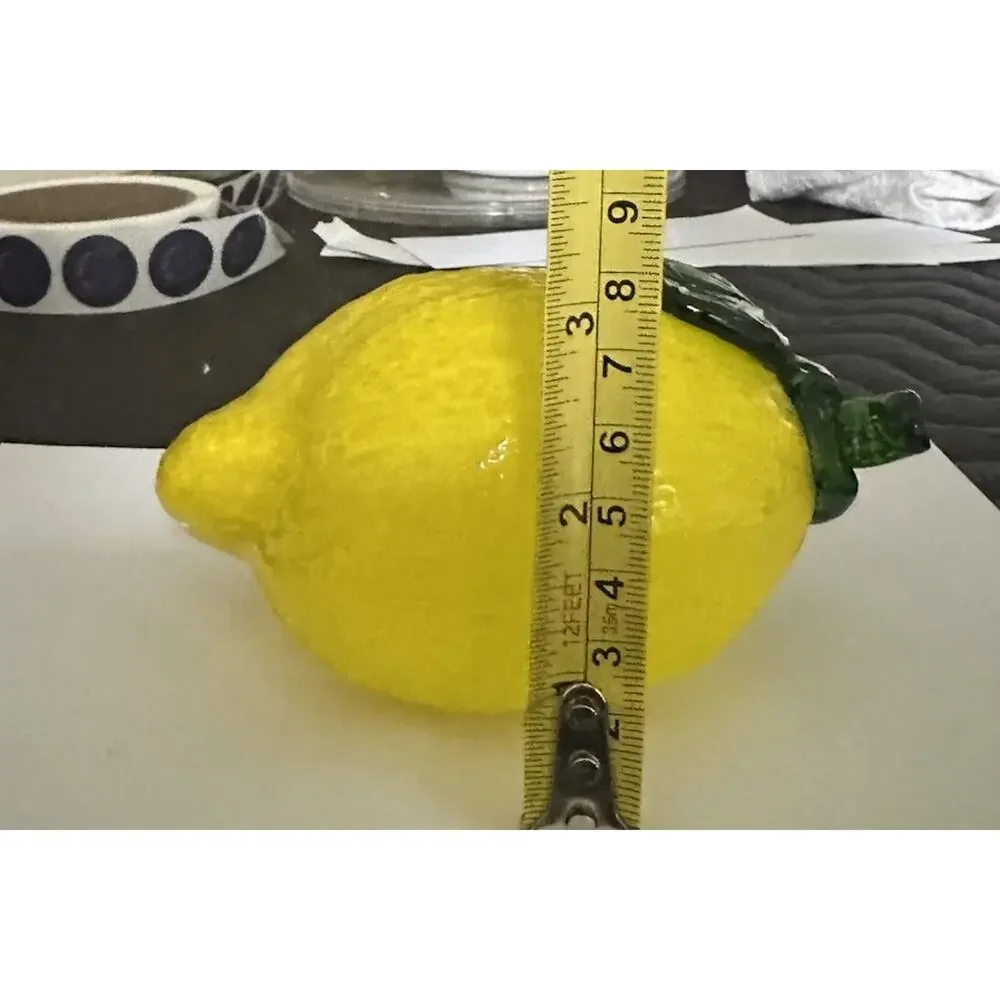 Vintage Large Studio Art Glass Hand Blown Fruit Yellow Lemon Green Stem 3” X 4